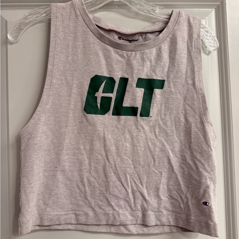 Champion Women's Light Gray Crop Top with Green Logo